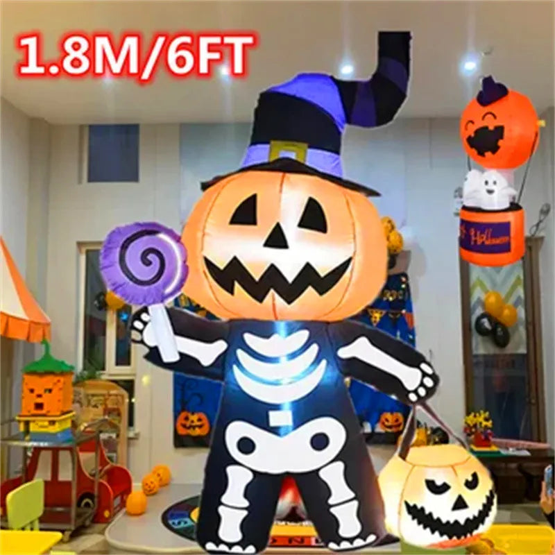 1.8M/6FT Halloween Inflatable Toy Giant Pumpkin Skull Ghost Outdoor Yard Garden Decoration Horror Inflated Model with LED Lights