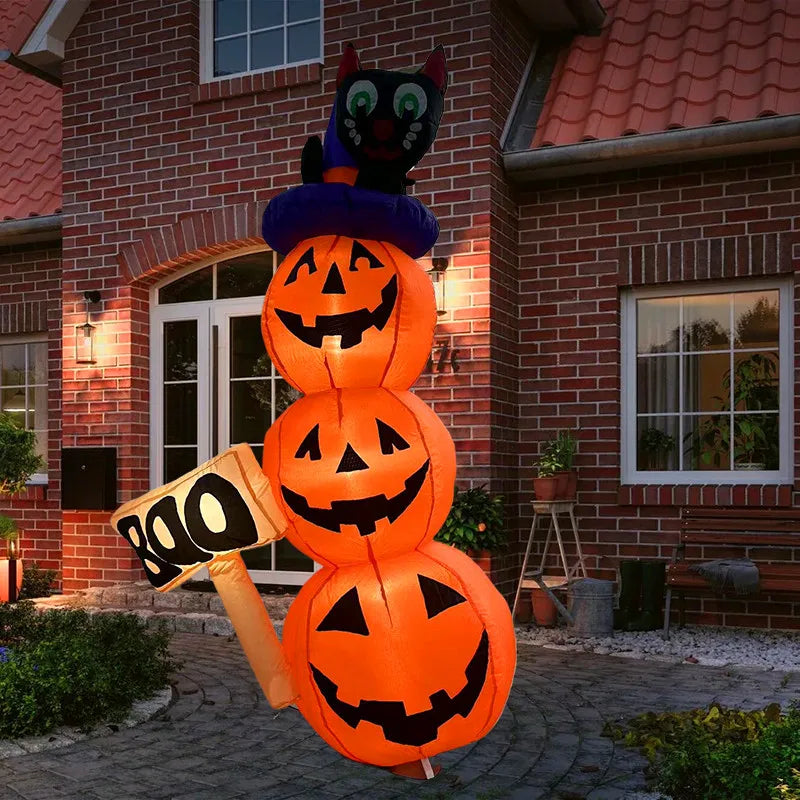 Halloween Inflatable Toys Polyester Pumpkin Tower with Cat Holiday Party Decoration Outdoor Inflatable Model with LED Lights