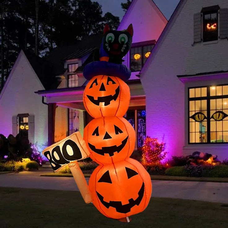 Halloween Inflatable Toys Polyester Pumpkin Tower with Cat Holiday Party Decoration Outdoor Inflatable Model with LED Lights