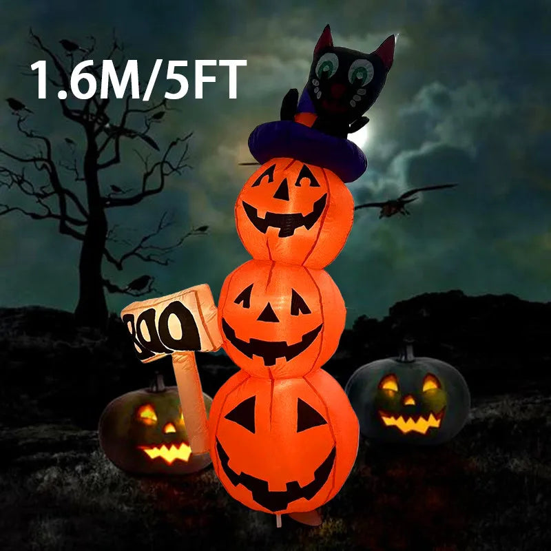 Halloween Inflatable Toys Polyester Pumpkin Tower with Cat Holiday Party Decoration Outdoor Inflatable Model with LED Lights