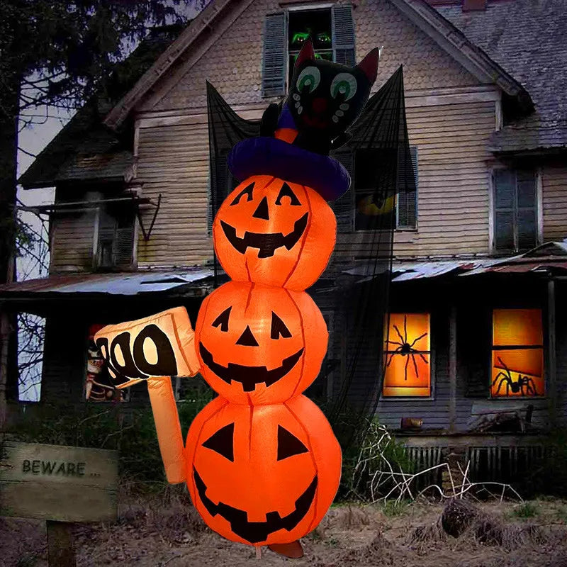 Halloween Inflatable Toys Polyester Pumpkin Tower with Cat Holiday Party Decoration Outdoor Inflatable Model with LED Lights